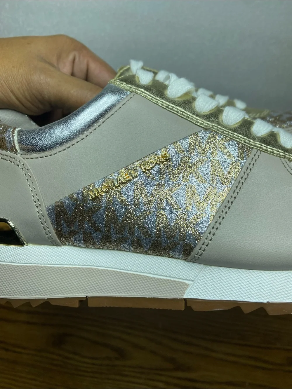 Michael Kors Allie Wrap Trainer Sneakers leather Metallic silver gold Womens 8.5
